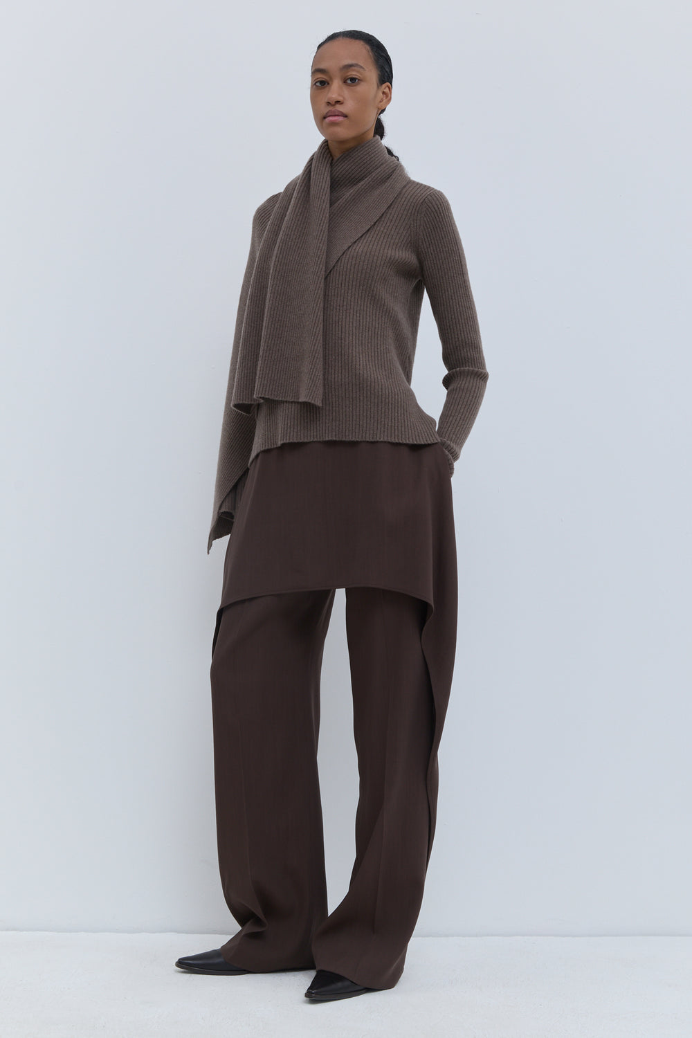 Christian Wijnants luxury ribbed knit top in brown melange