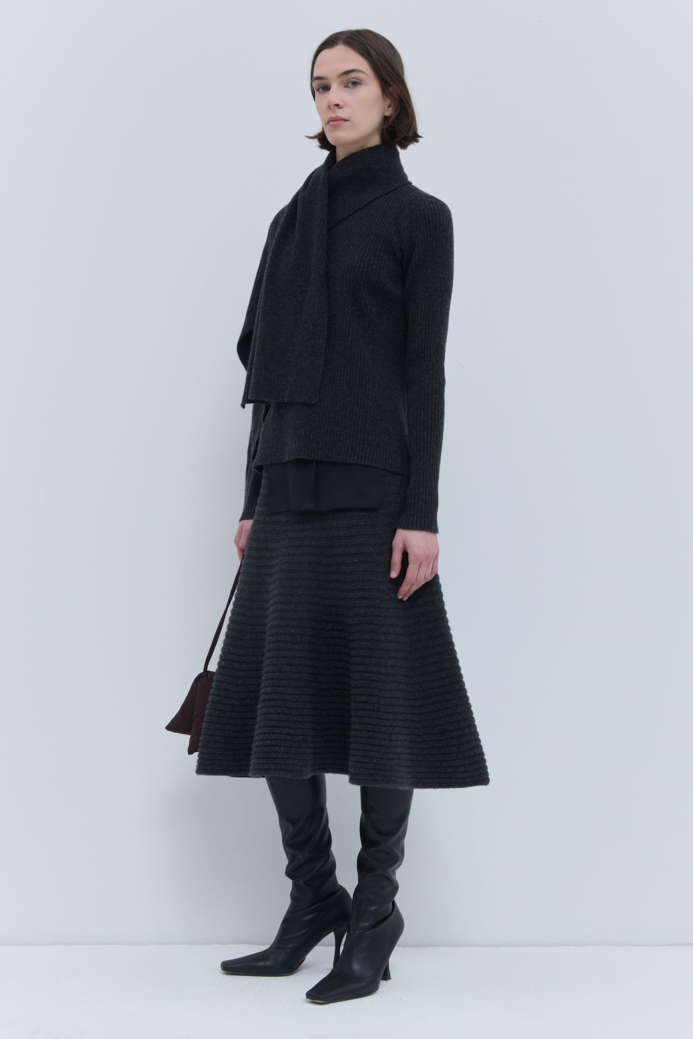Kovira charcoal ribbed sweater with detachable scarf