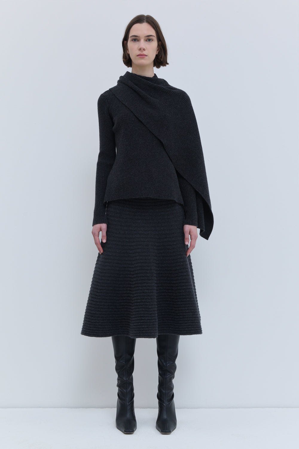 Charcoal oversized ribbed sweater with detachable scarf