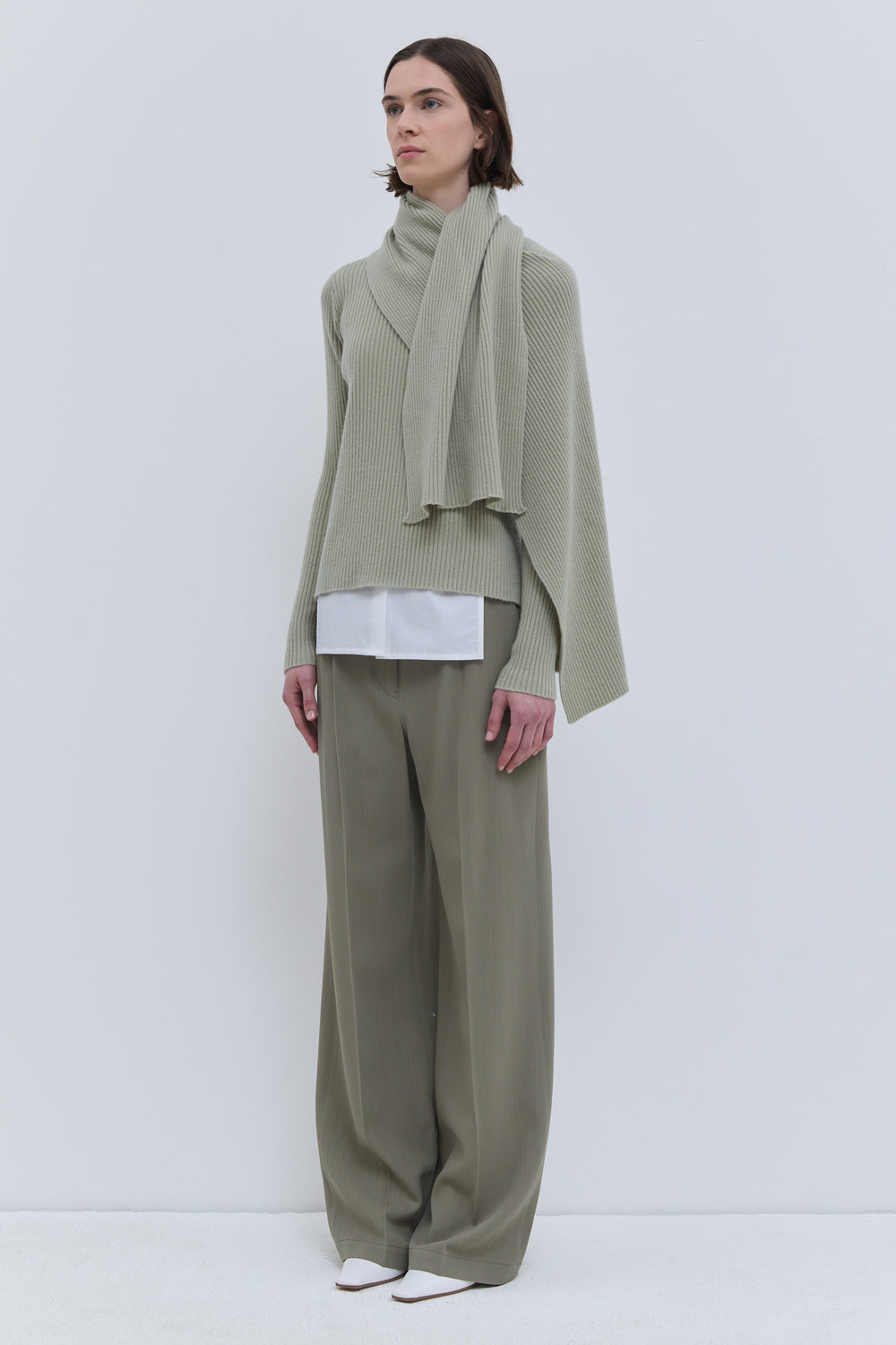 Light sage oversized ribbed sweater with detachable scarf