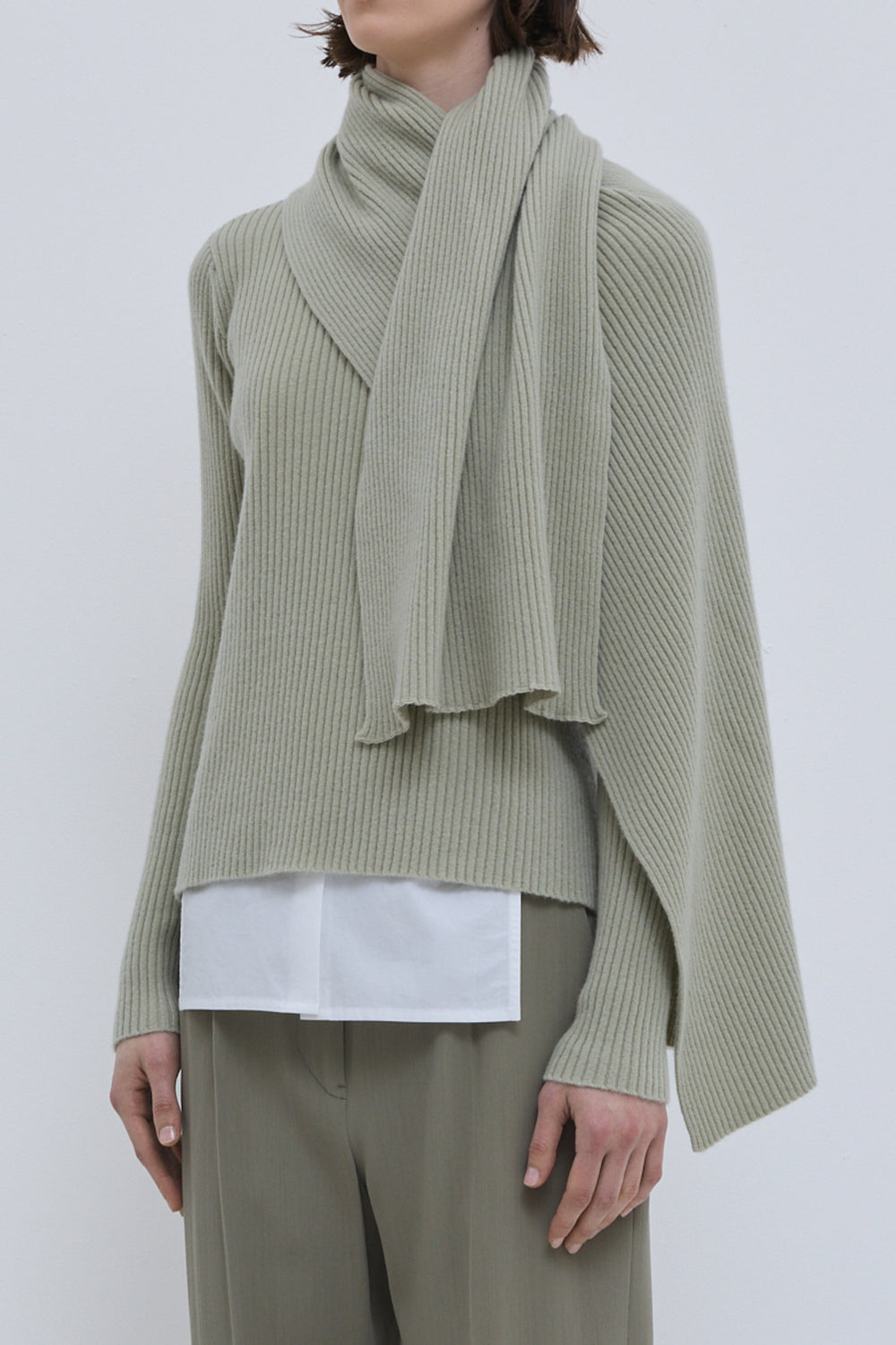 Kovira sweater with layered ribbed scarf detail in light sage