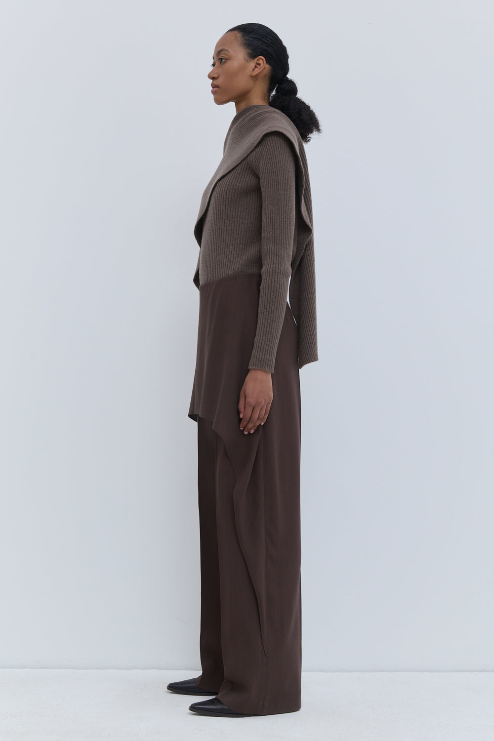 Christian Wijnants Pilba wide-leg chestnut wool trousers with a skirt overlay and tailored silhouette