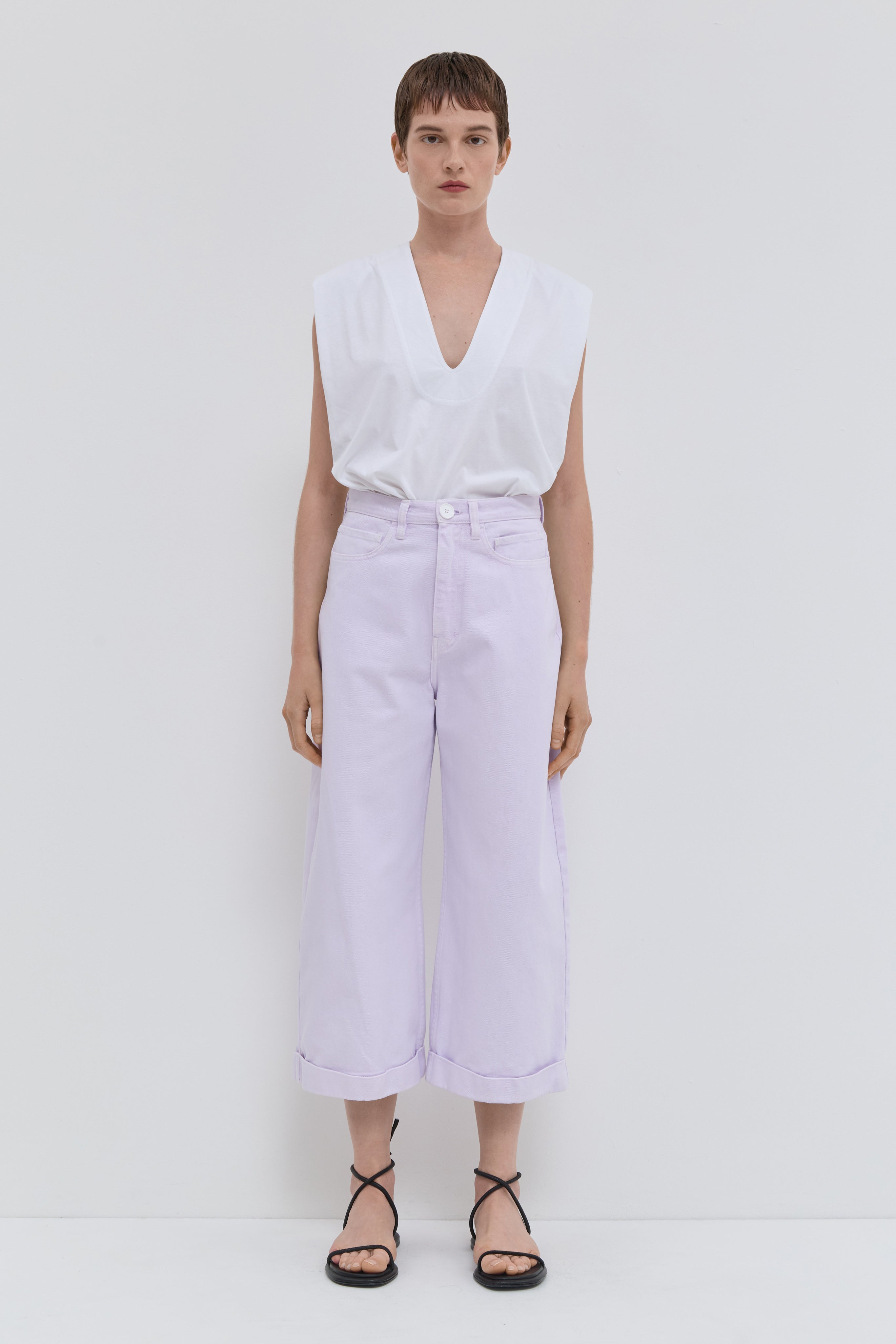 Pale iris cropped wide leg jeans with cuffed hem