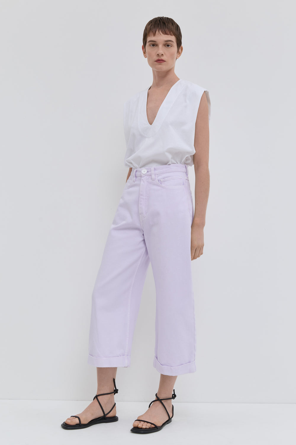 Pale iris cropped wide leg jeans with cuffed hem