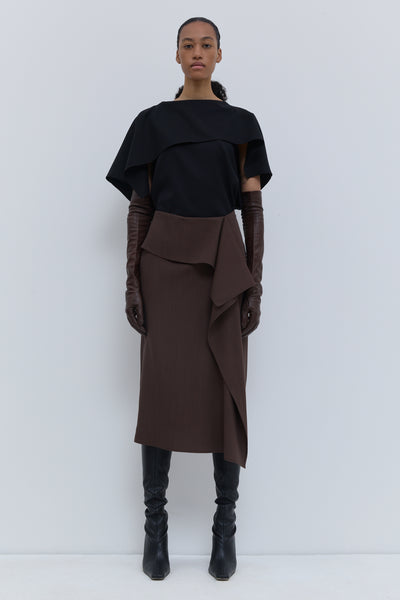 Christian Wijnants Sailo chestnut skirt with asymmetric front drape, front view.