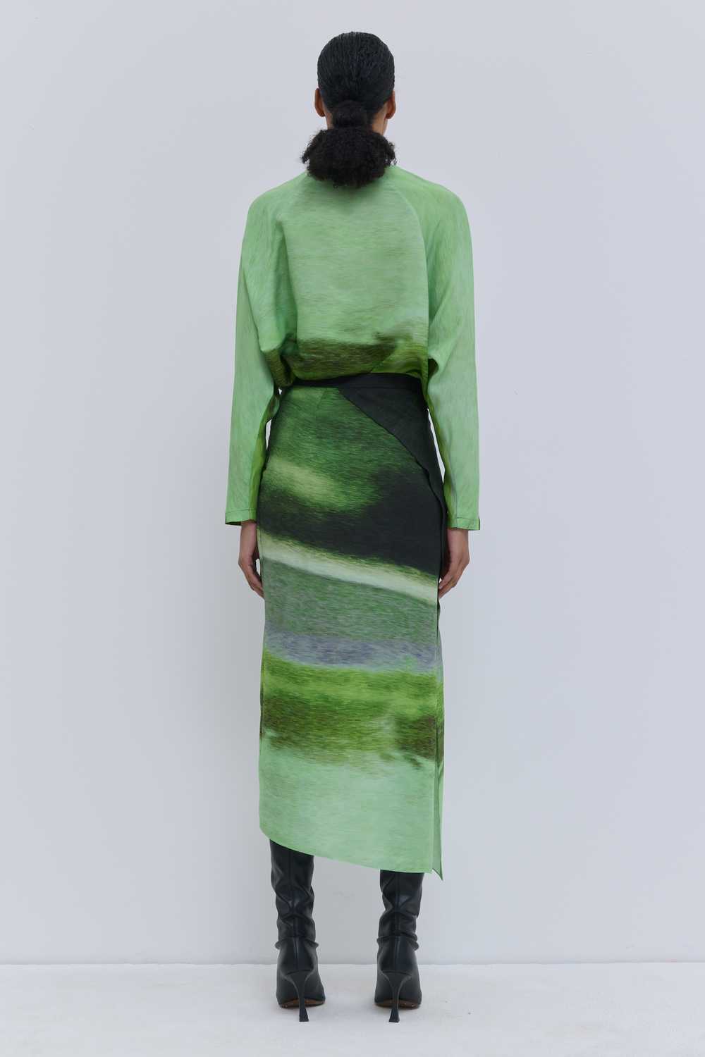 Back view of Tropical Storm printed silk skirt