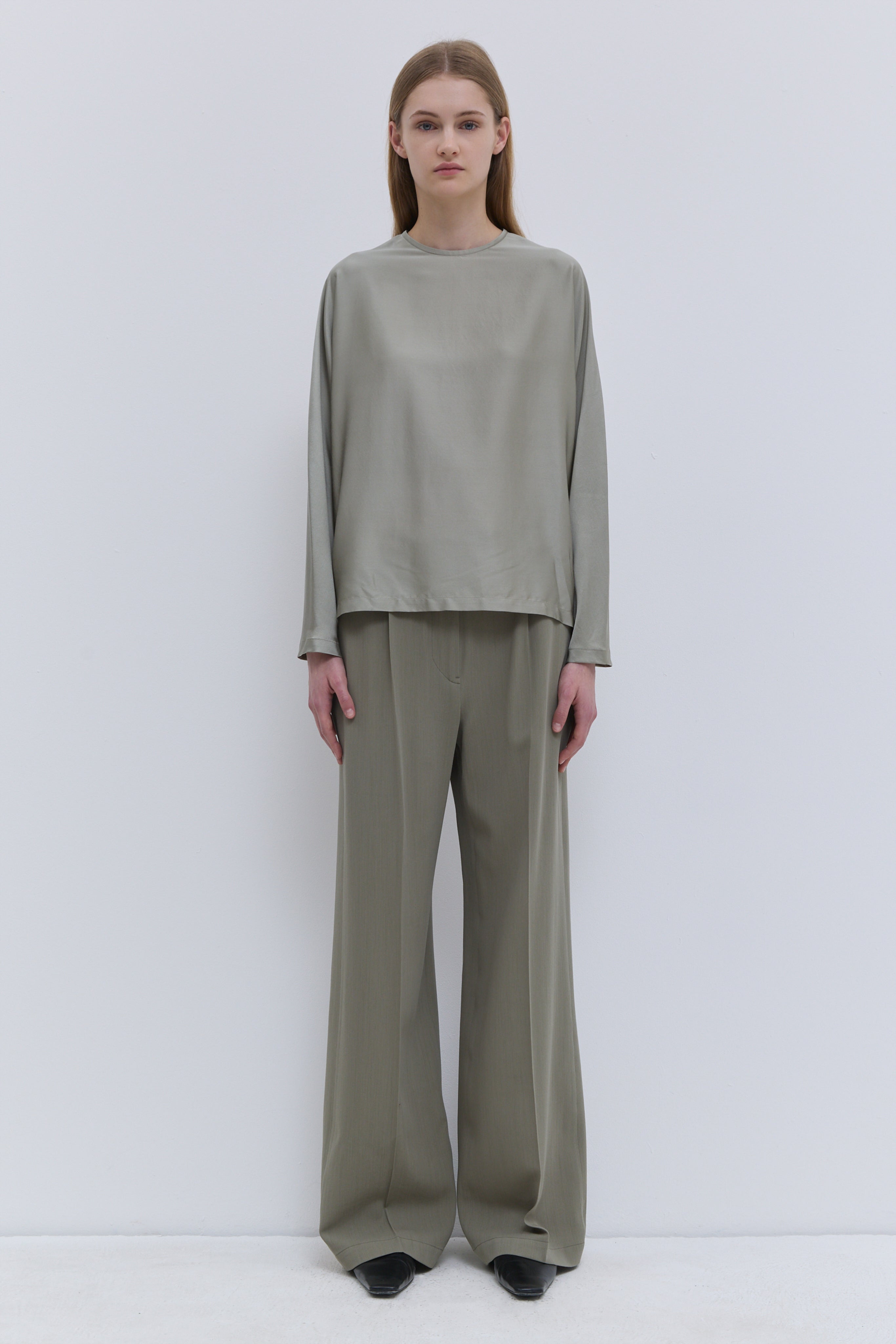 Tavax Silk Top styled with matching Concrete trousers