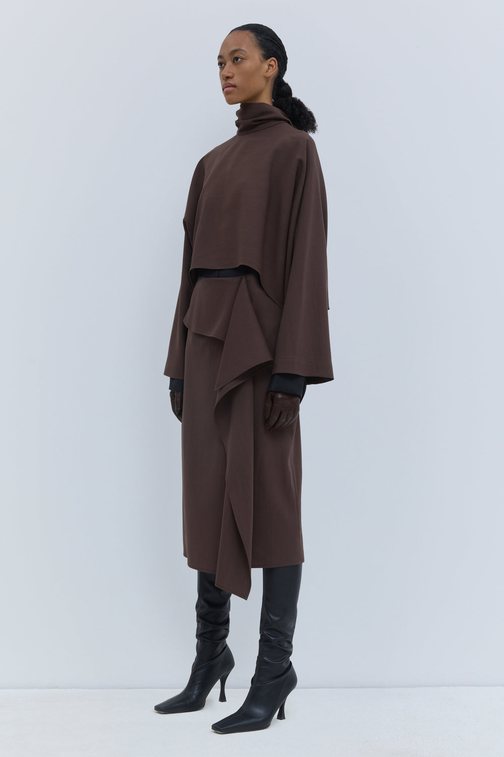 Tesos chestnut wool cropped top with asymmetrical scarf detail and long sleeves Christian Wijnants