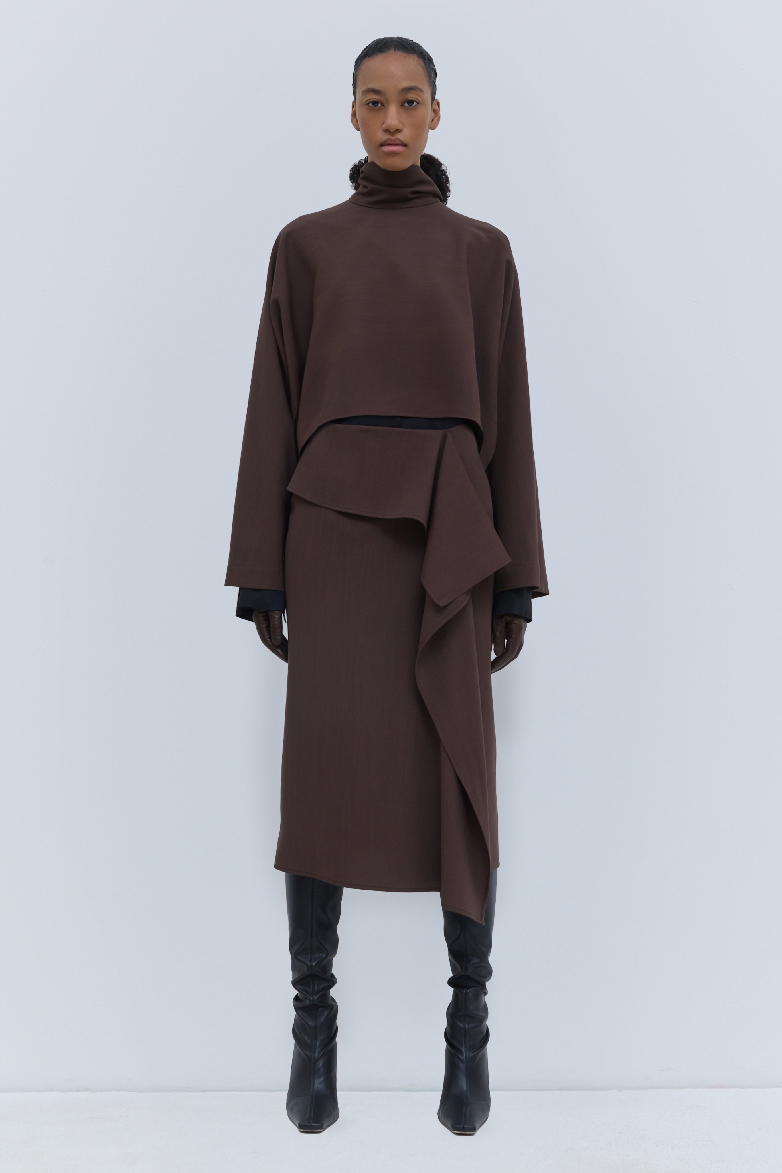 Chestnut cropped wool top with high neckline and draped scarf detail, front view Christian Wijnants