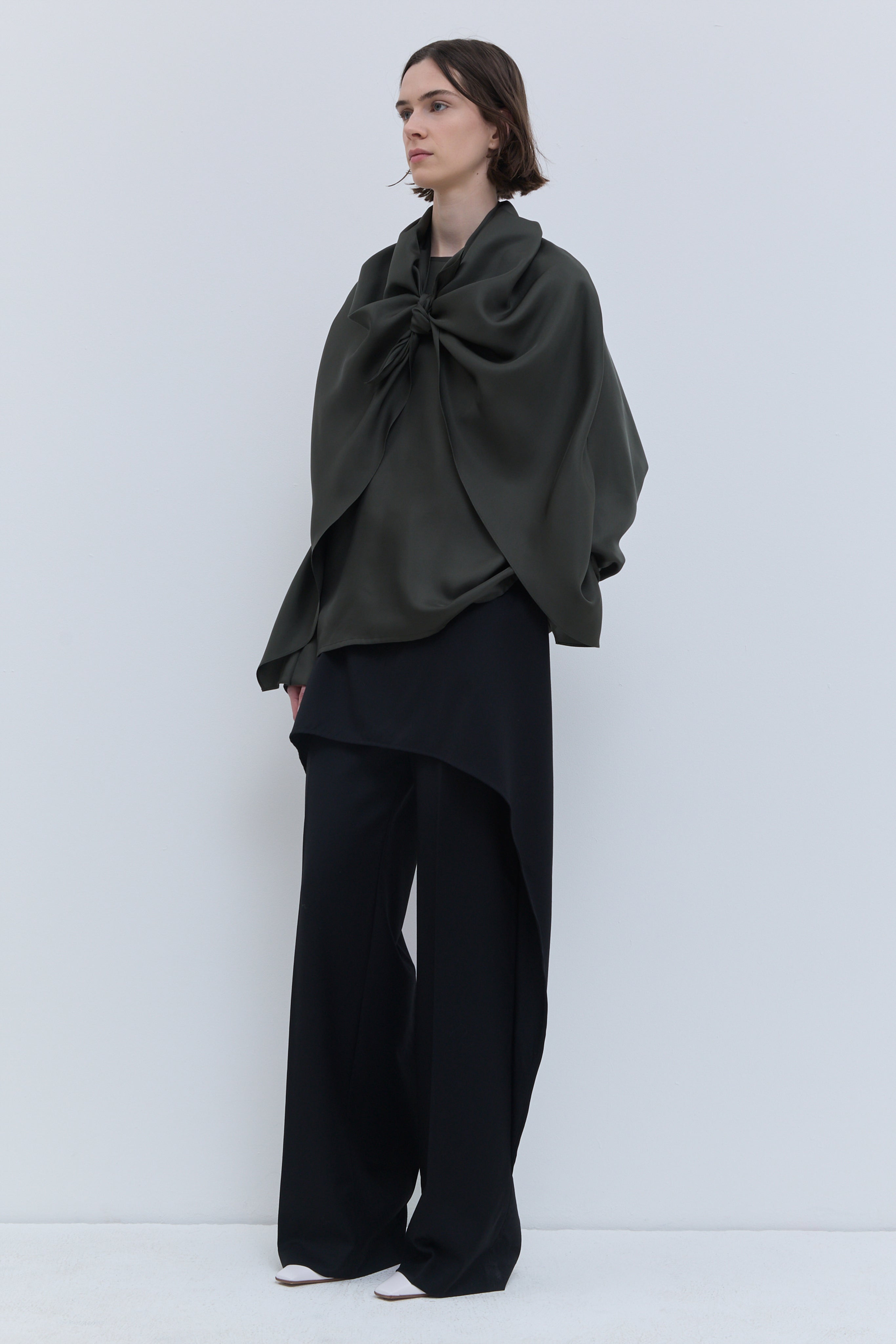 Tovra thyme green silk twill batwing top with integrated scarf detail by Christian Wijnants