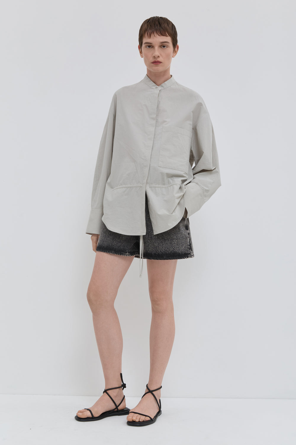 Cement loose fit shirt in Japanese organic cotton with balloon sleeves front view
