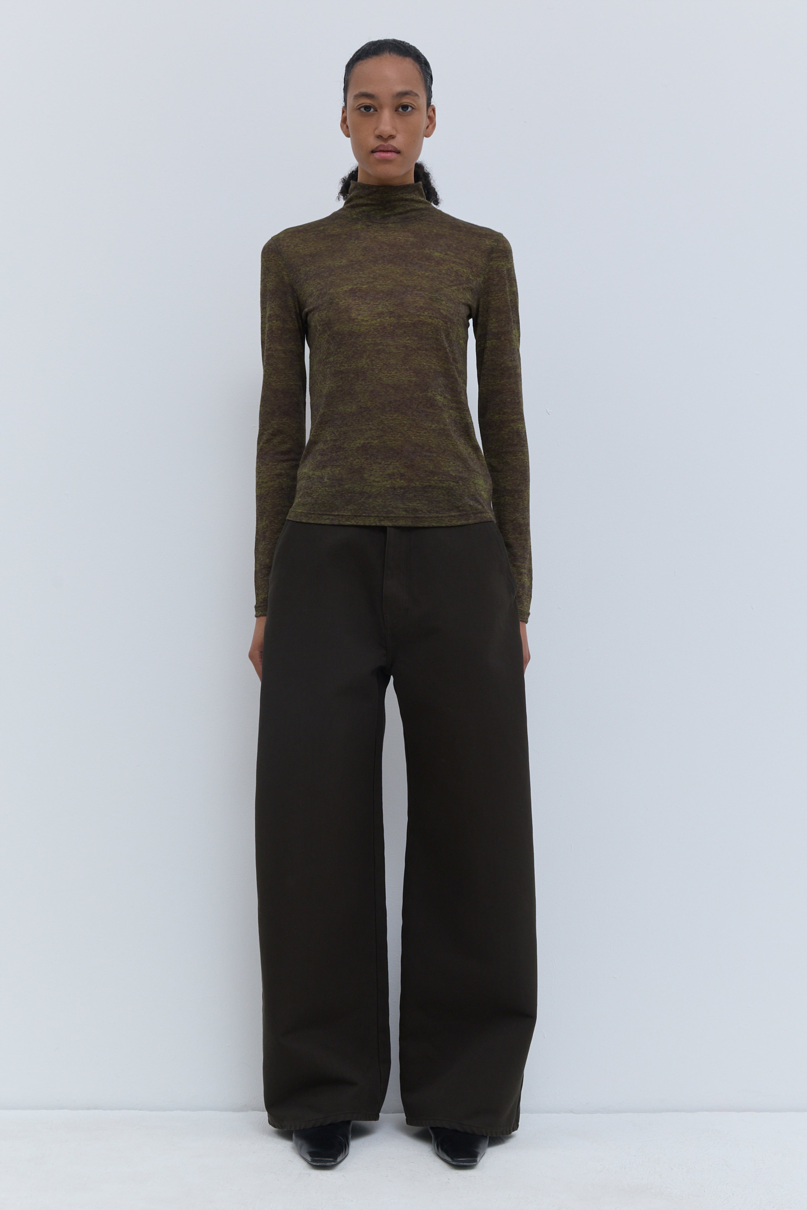 Christian Wijnants Tugal turtleneck top in night forest storm print, long sleeve stretch jersey top with a close fitted silhouette