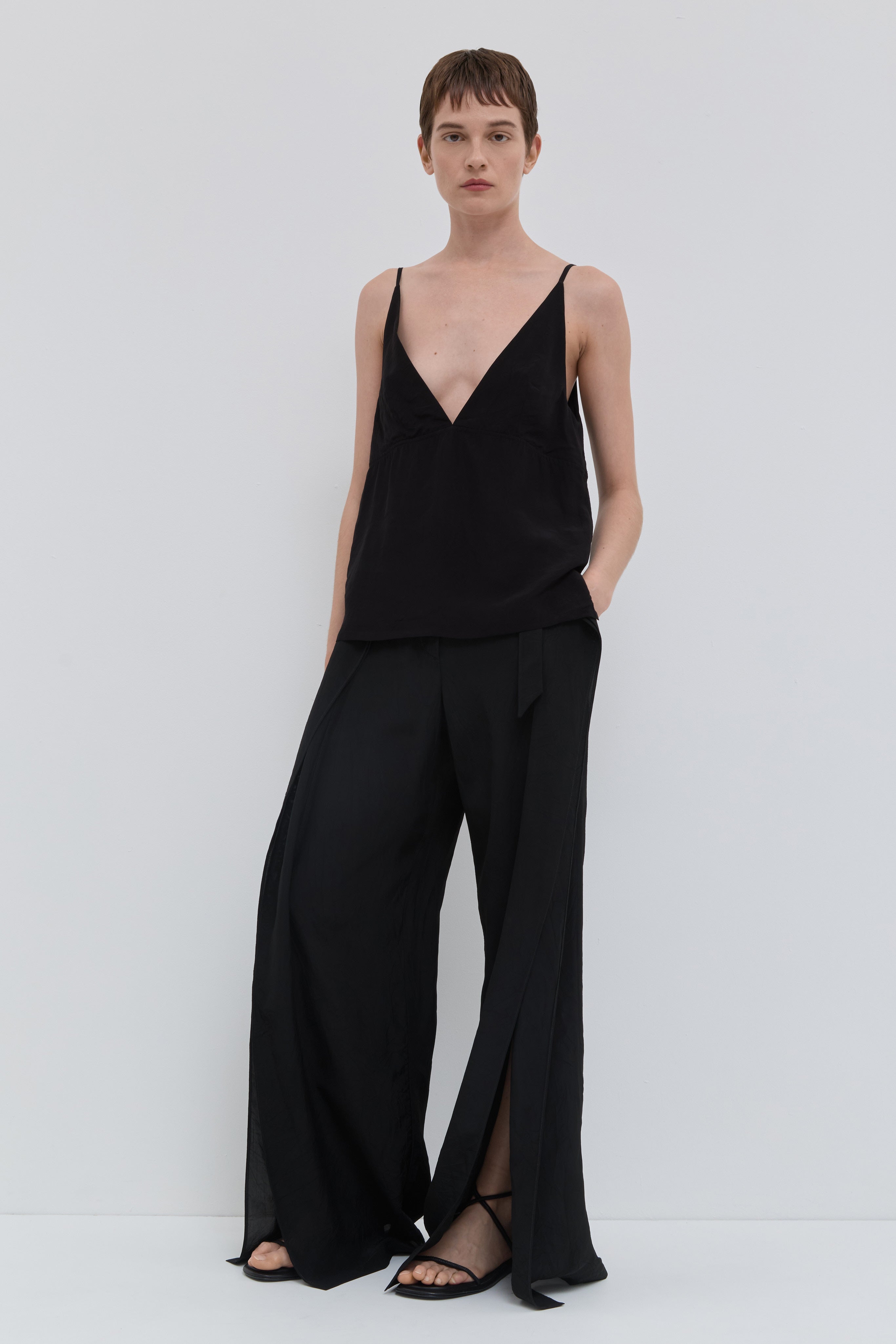 Black V-neck camisole top in crushed viscose with thin straps