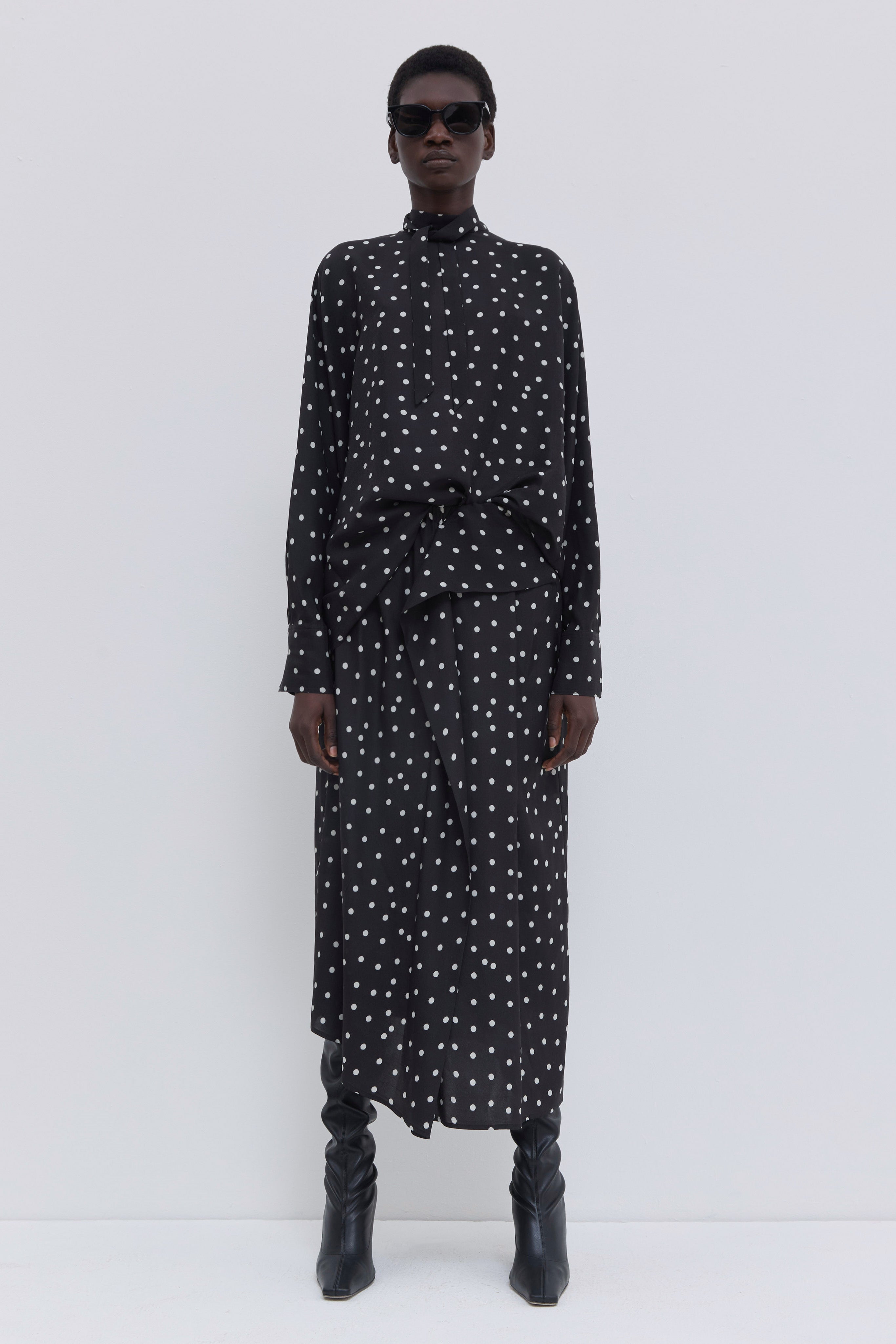 Tuvra batwing sleeve satin top in Black Lady Bug print